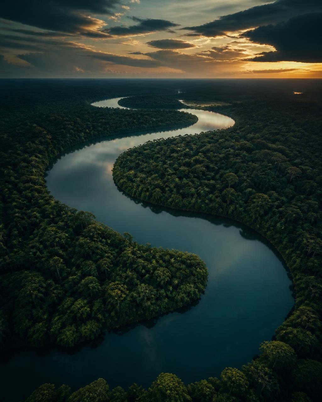 Winding river forming an S-curve through a tropical forest at dusk